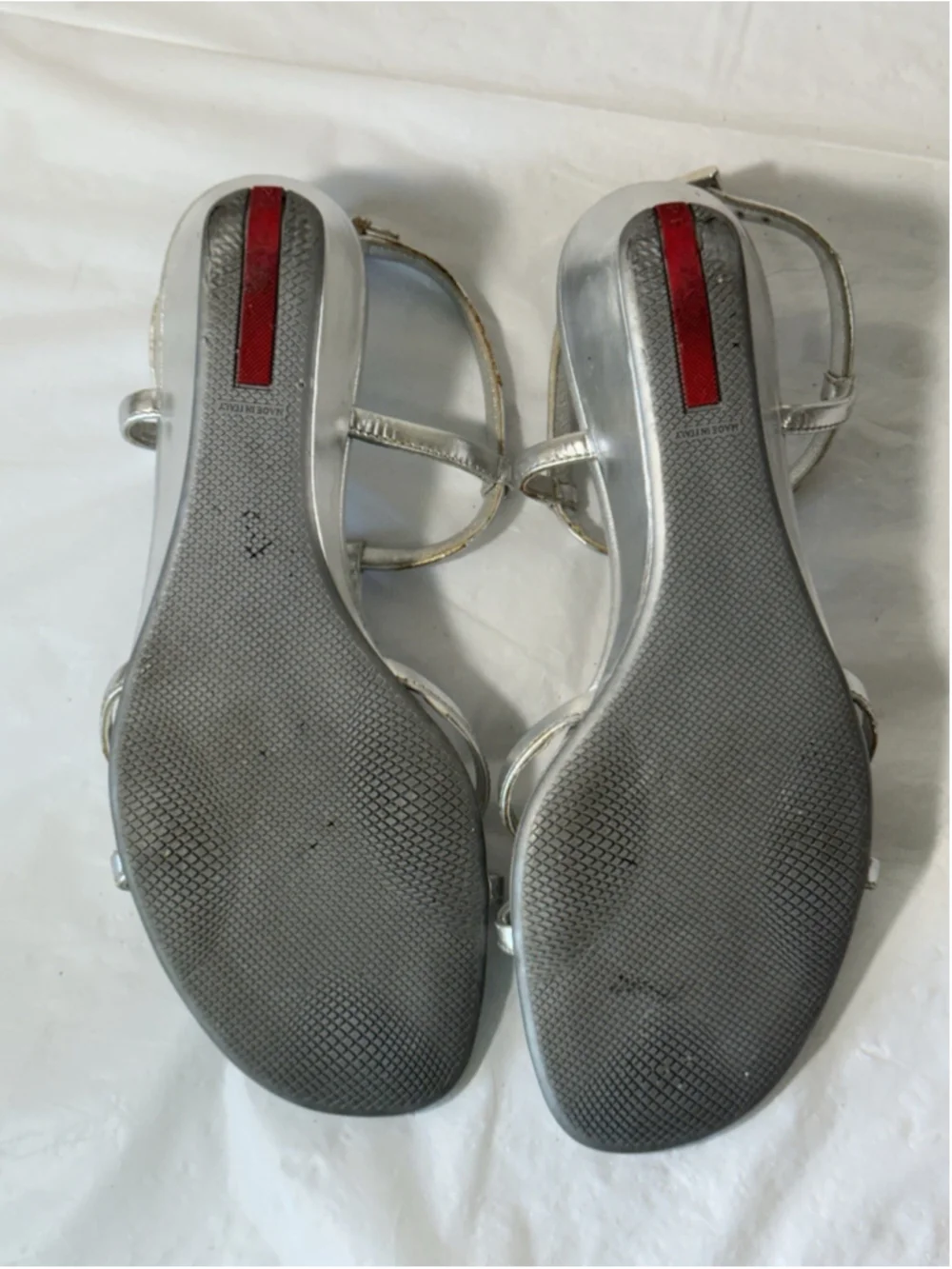 PRADA, Wedge Sandals, Silver Leather, size 6 1/2